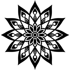 Vector art of stylized black and white floral mandala with intricate petal design and symmetrical elements, isolated on white background
