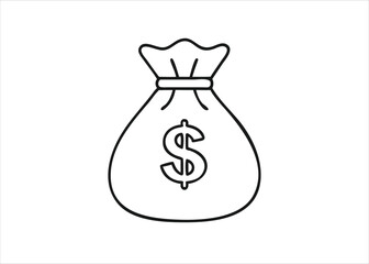 A simple black silhouette of a money bag representing finance and wealth presented as a clean graphic element isolated on white background