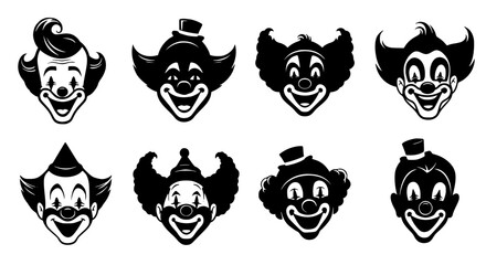 Collection of distinct vintage clown face illustrations in a bold black silhouette style isolated on transparent background © PixelSaga MH2 