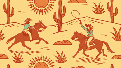 Fototapeta premium Two Cowboys Riding Horses in a Desert Landscape Illustration.