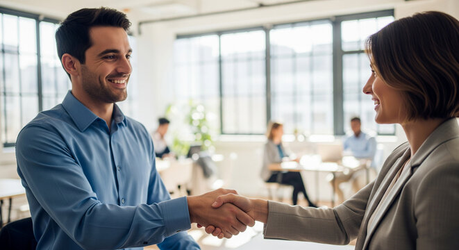 Two smiling business colleagues, a man and a woman, shaking hands with a deal or agreement for collboration