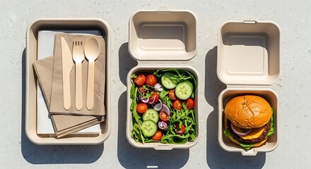 Takeout lunch with a burger, salad, and wooden cutlery in eco-friendly containers.