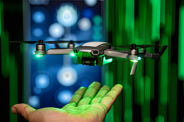 A drone hovers over an open palm, illuminated by green light, with a digital matrix background symbolizing advanced technology and future possibilities