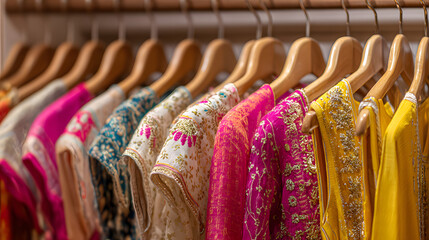 Indian Women's Fashion Dresses Showcased on Hangers in a closet