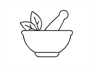 A simple black outline graphic of a mortar and pestle with herbs representing culinary preparation and natural ingredients isolated on white background