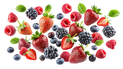 berries collection falling in the air isolated - on a white background PNG, GENERATIVE AI
