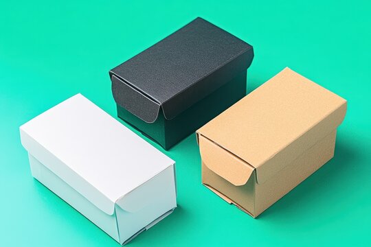 Assortment of blank white black and brown cardboard packaging boxes on green background - Powered by Adobe