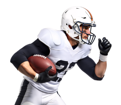 Determined American football athlete in sprint holding football tight in defensive pose