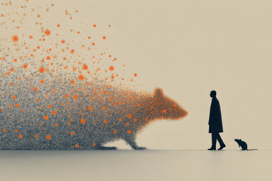 Conceptual Minimalist Artwork of Human and Rat with Viral Particle Dispersion. Hanta Virus