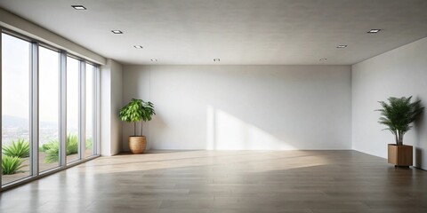 Fototapeta premium Sunlit Empty Room with Floor to Ceiling Windows and Potted Plants