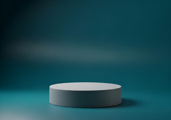 Minimalist cylindrical pedestal against a dark teal gradient background with soft lighting and subtle reflections