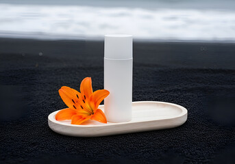 Minimalist white bottle and vibrant orange lily on a textured oval dish against a moody background