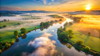 Obraz premium Serene Sunrise Over River Valley, Mist-Shrouded Meadows and Golden Light Reflecting on Calm Waters