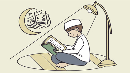 Illustration of muslim boy reading quran under lamp with crescent moon islamic calligraphy art design