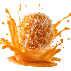 Caramel-coated coconut ball in a splash of caramel