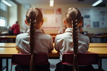 Two schoolgirls with long braided hair sitting together at classroom desk, rear view. Back to school concept