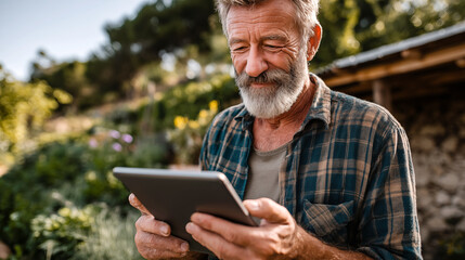 Senior man using digital tablet while standing in the garden on a sunny day