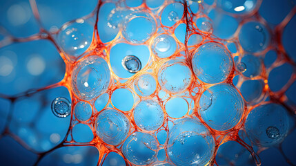 Transparent molecular structure with glass-like texture on blue background