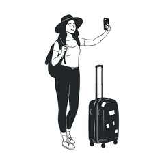 Young caucasian female traveler taking selfie with luggage and backpack