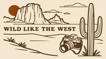 Wild West Landscape with Vintage Camera and Saguaro Cactus.