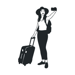 Young caucasian female traveler with luggage taking selfie in hat and backpack silhouette
