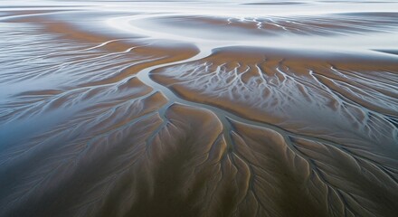 Aerial View of Tidal Flats with Intricate Water Channels at Low Tide.