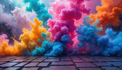 Abstract Colorful Smoke Explosions on Stone Floor
