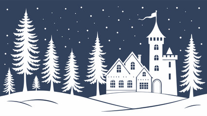 Naklejka premium Winter Landscape with Castle Houses and Pine Trees in Silhouette.