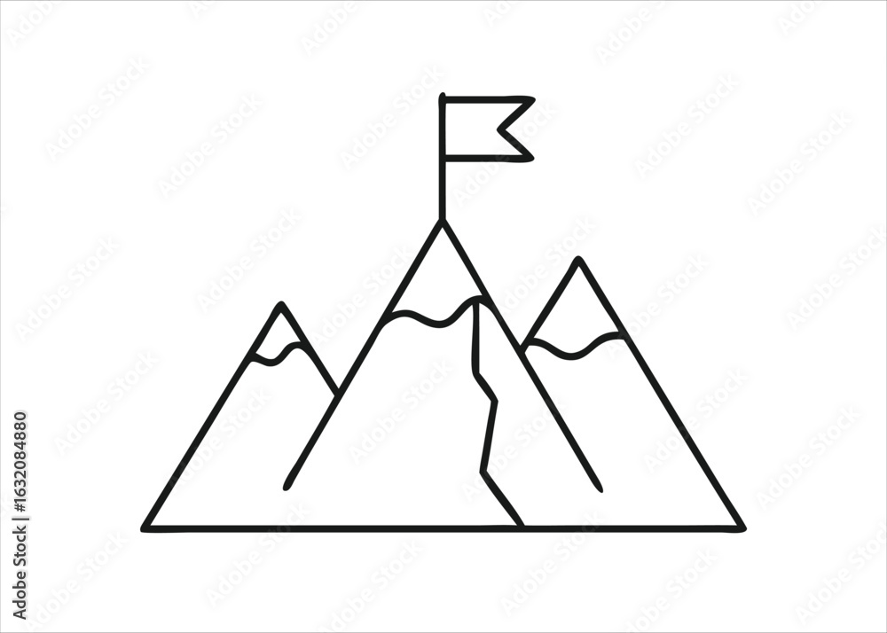 Poster stylized mountain peak summit with a target flag signifying achievement and successful completion in