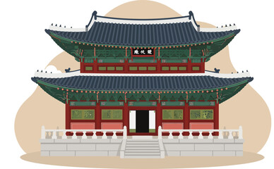 Flat illustration of Korean palace with cloudy sky background symbolizing traditional Chuseok heritage