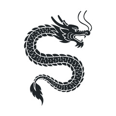 Black silhouette of chinese dragon with curved shape and detailed scales