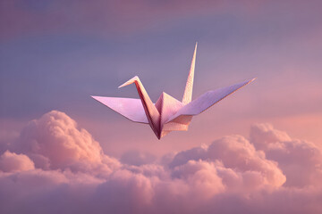 Delicate pink origami crane with fine line patterns flying above soft pastel clouds at sunset
