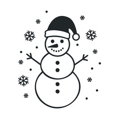 Cheerful snowman with santa hat and snowflakes in black and white illustration