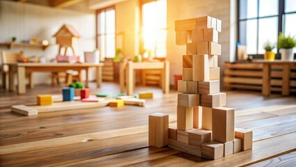 Wooden Blocks Towering in a Sunlit Playroom, a Symbol of Early Childhood Development and Imaginative Play