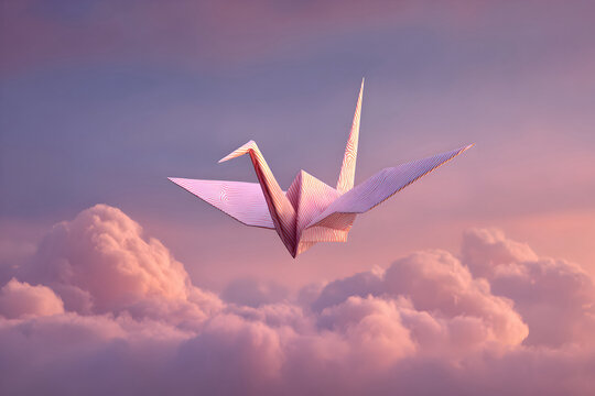Delicate pink origami crane with fine line patterns flying above soft pastel clouds at sunset
 - Powered by Adobe