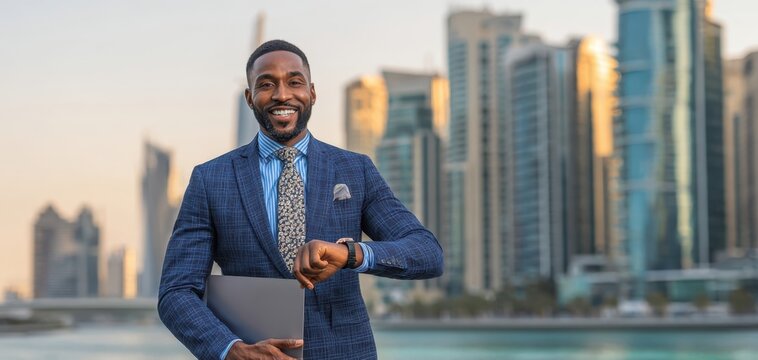 The confident businessman checking his watch against a modern city skyline.