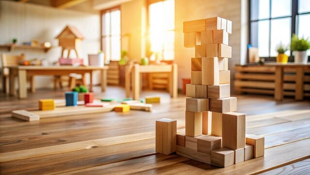 Wooden Blocks Towering in a Sunlit Playroom, a Symbol of Early Childhood Development and Imaginative Play