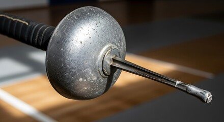 Close-up of a fencing foil with a bell guard and blunted tip on a wooden floor. Concept of combat sport and duel.