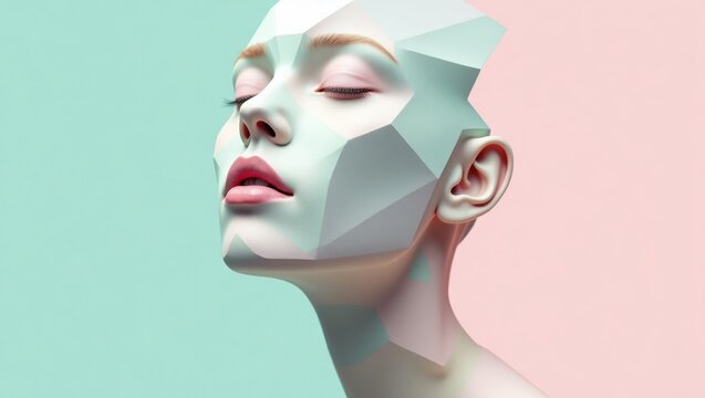 Retrato femenino surrealista de una bella mujer con rostro poligonal