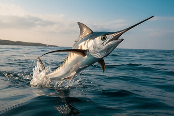 Photorealistic Swordfish Jumping Out of Ocean, Ultra High Detail 8K Hyper Realistic Render