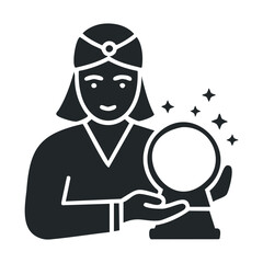 Mystical fortune teller with crystal ball icon in black and white style