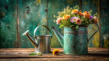 Rustic Still Life Featuring a Bouquet of Vibrant Spring Flowers in a Weathered Metal Watering Can, Accompanied by a Smaller Watering Can on a Weathered Wooden Surface