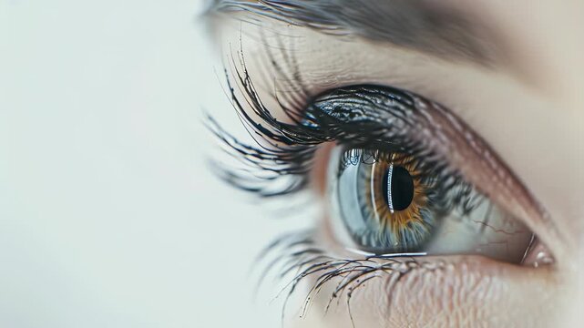 Detailed macro photograph showcasing person's eye, emphasizing long, dark eyelashes, intricate eye color. soft focus background draws all attention to sharp features face.