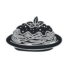 Monochrome illustration of spaghetti with tomato sauce and basil garnish on plate