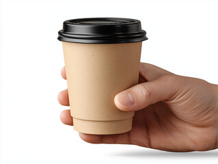 Hand holding a plain disposable coffee cup with black lid against a white background suitable for branding or design mockup