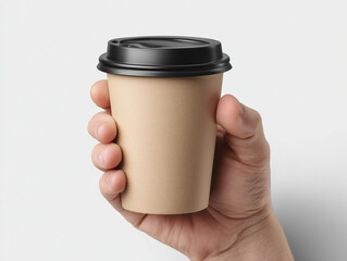Hand holding a plain disposable coffee cup with black lid against a white background suitable for branding or design mockup