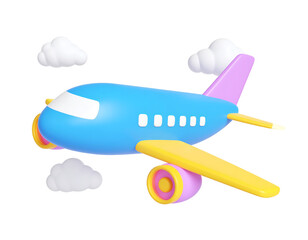 Naklejka premium Colorful 3D airplane soaring through the sky with fluffy clouds, perfect for travel concepts