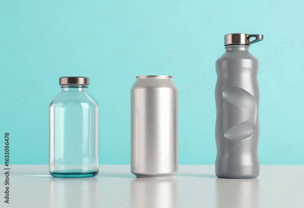 Poster empty containers of various types displayed against a mint green background.