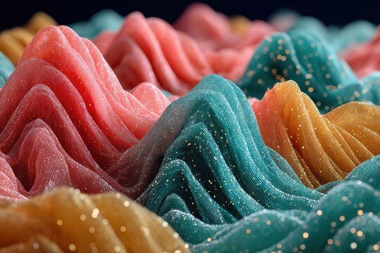 Abstract waves of shimmering textured fabric in vivid coral, teal, and gold tones.