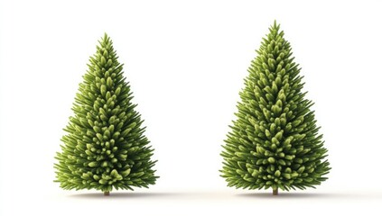 Two green christmas trees standing side by side against a plain white background in a studio shot